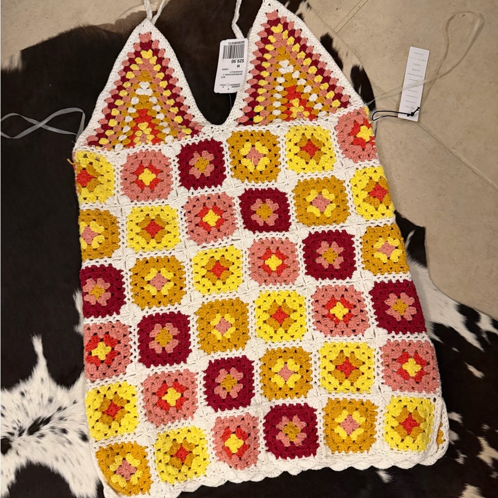 Crochet Square Tank Top in Yellow, Pink & Red - Boho Knit Camisole